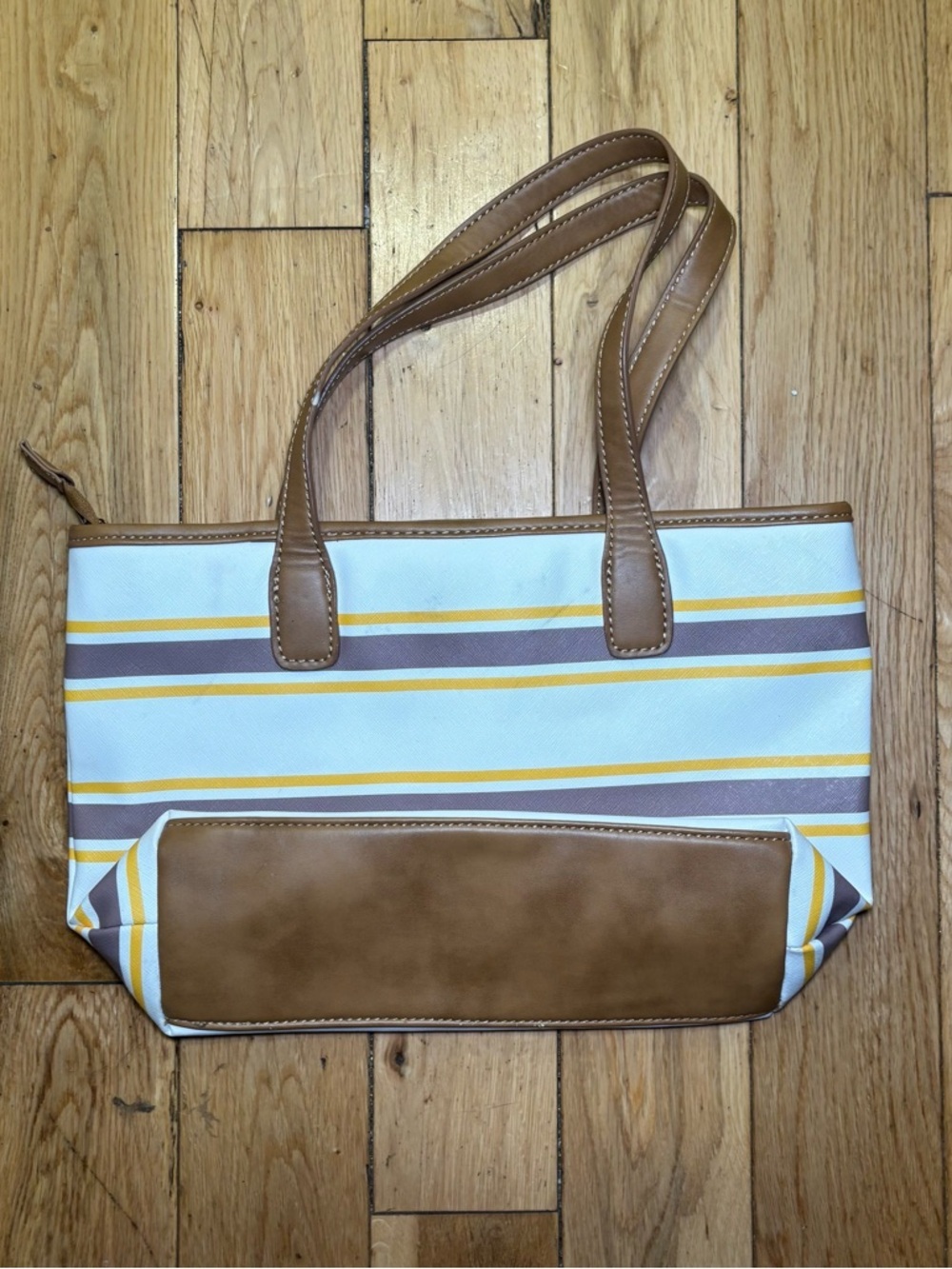 Marc Fisher Striped Tote Shoulder Bag Brown Yellow Tan Summer Purse - Picture 3 of 4